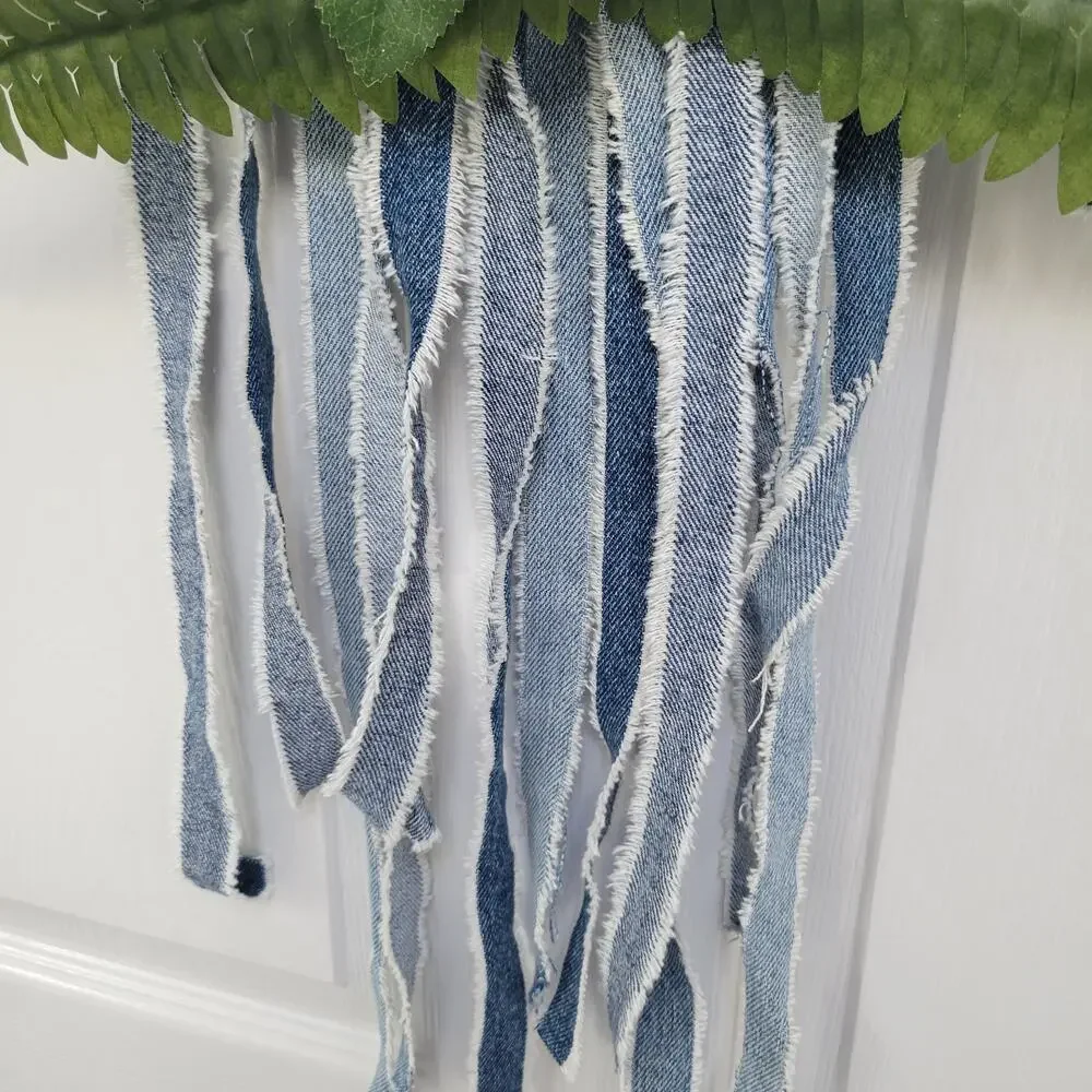 Galvanized Hoop Wreath with Yellow Roses, Daisies, Ferns & Denim Streamers
